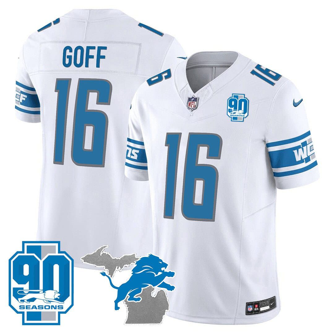 Men Detroit Lions #16 Goff White 2024 Nike 90th Year Michigan Patch Vapor NFL Jersey